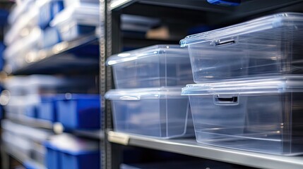 Naklejka premium Clear Plastic Storage Containers Organized on Warehouse Shelving
