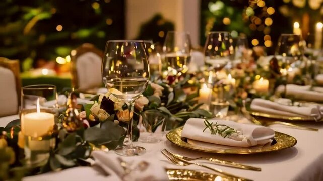 Elegant wedding reception dinner table setting with gold cutlery, candles, and floral decorations.