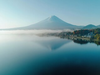 Colorful Autumn Season and Mountain Fuji with morning fog and red leaves at lake Kawaguchiko is one of the best places in Japan - ai