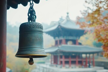 Fototapeta premium Bronze bell produces a strong sound Handcrafted brass bell in a temple with a soft focus backdrop