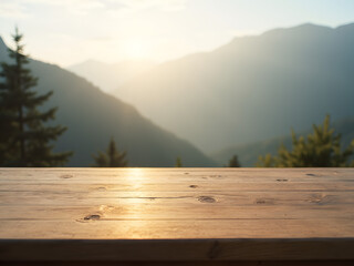 Wood table top on blur mountain outdoor background