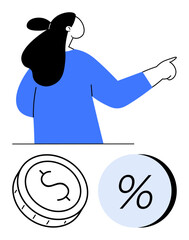 Businesswoman in blue pointing right, next to dollar coin and percentage sign. Ideal for financial growth, investment, banking, economics, savings, interest rates business success. Line metaphor