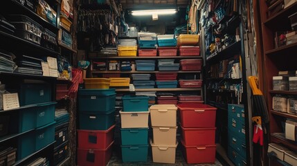 Colorful Storage Boxes in Organized Warehouse Setting