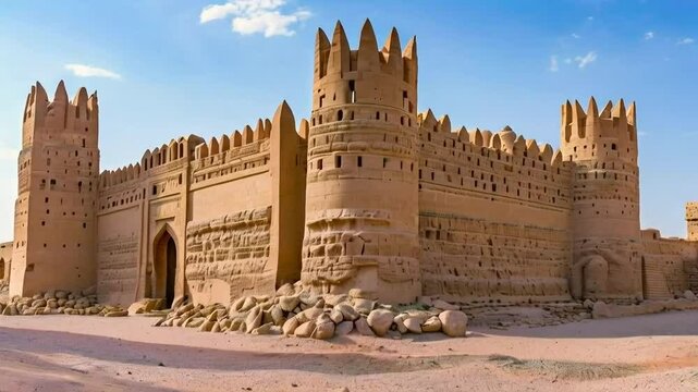 Majestic ancient sandcastle-like fortress under a vibrant blue sky.