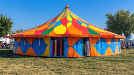 Colorful circus tent in a grassy field.