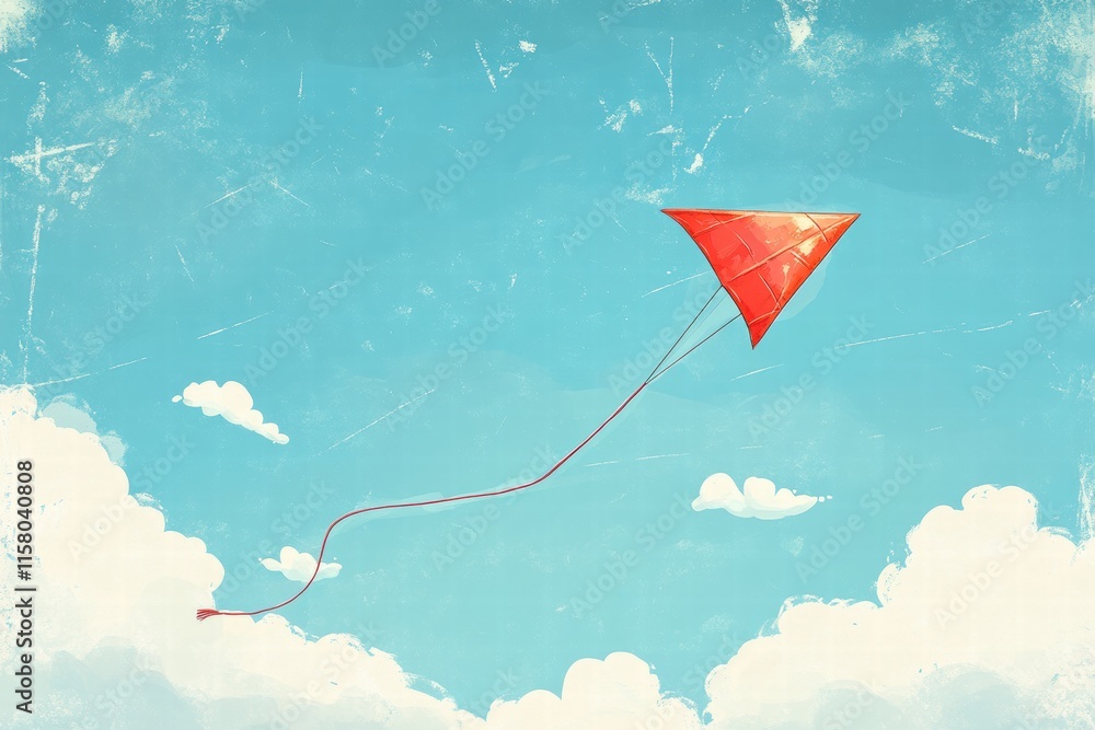 Poster red kite soaring in a bright blue sky surrounded by fluffy clouds and open space perfect for creativ