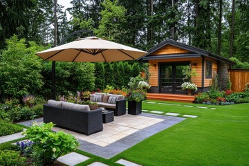 Chic outdoor patio with spacious umbrella tiled floor cozy seating lush plants and modern shed