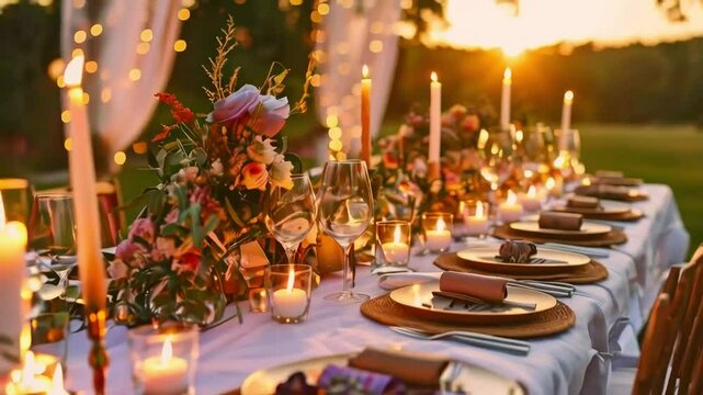 Romantic outdoor sunset dinner party table setting with candles, flowers, and place settings.