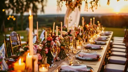 Romantic outdoor dinner table setting at sunset, adorned with candles, flowers, and elegant tableware.