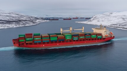 A large container ship navigates through a snowy fjord, transporting cargo amidst a scenic landscape with other vessels in the background.