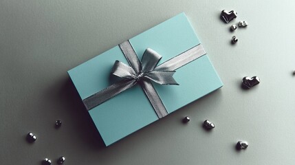 A Light Blue Gift Box With Silver Ribbon And Hearts