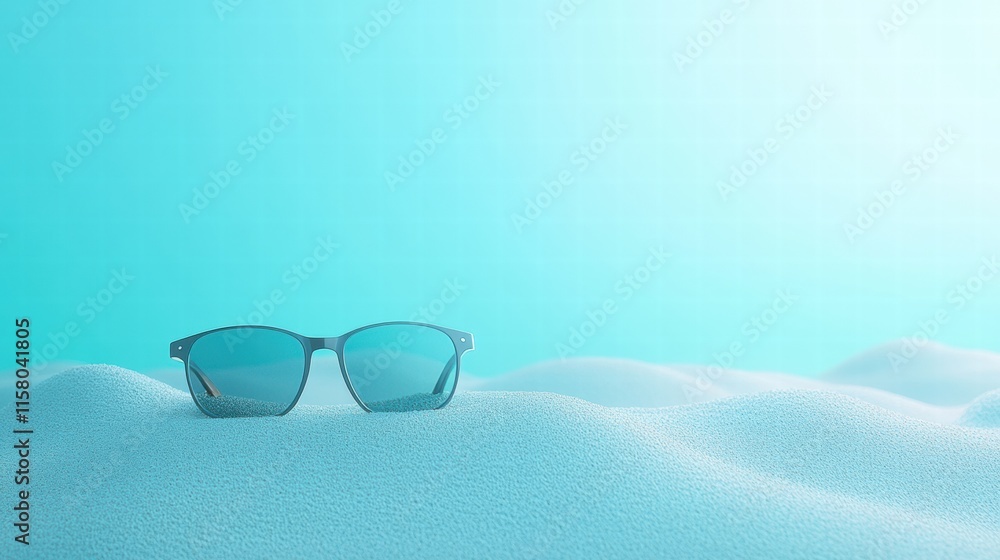 Poster sunglasses resting on soft sand with a serene turquoise background inviting moments of relaxation an