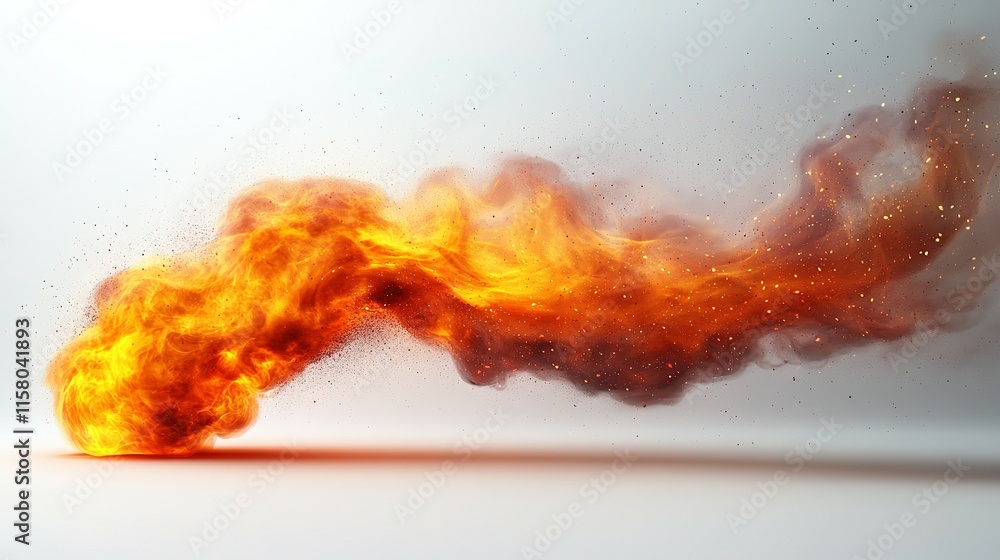 Poster fiery explosion with sparks trailing across a white background