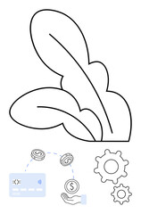 Large leaf growing, coins, credit card, hand, and gears symbolize synergy of nature, finance, and technology. Ideal for fintech, investment eco-friendly finance tech growth sustainable business