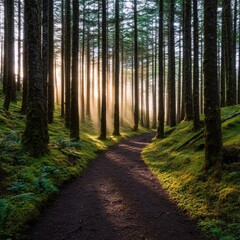 Fototapeta premium A serene forest path illuminated by soft sunlight filtering through tall trees, creating a peaceful and inviting atmosphere.