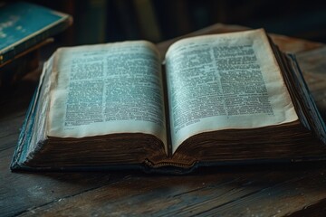 Obraz premium Close up of an open book on a wooden table surrounded by shelved books School themed photography of books