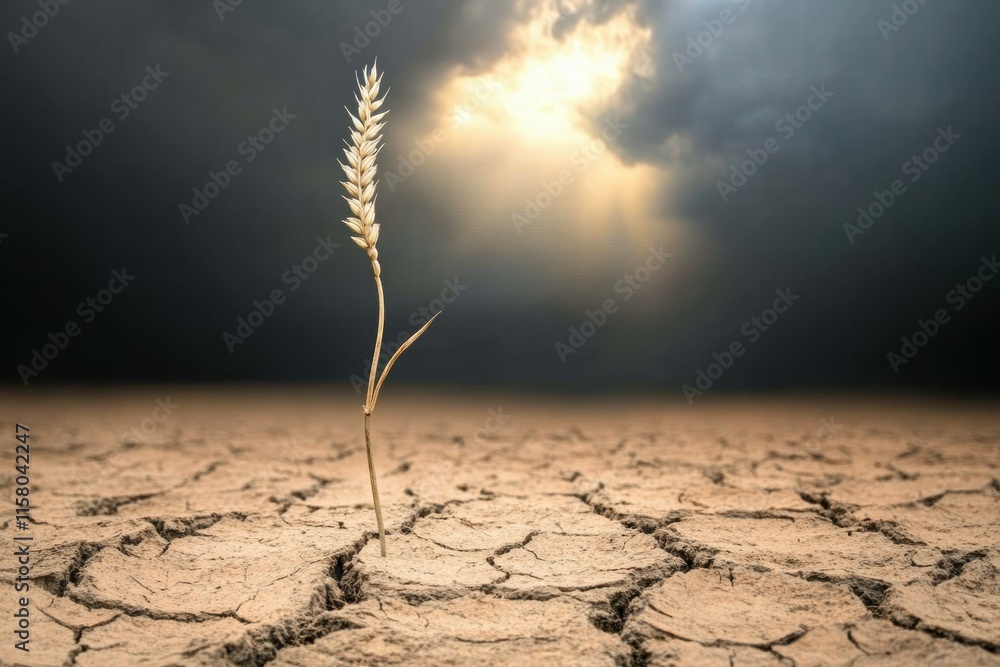 Poster dry barren field features a single stalk of withered wheat against a moody sky with an impending sto