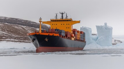 A cargo ship navigates icy waters, surrounded by large ice formations, highlighting the challenges of shipping in polar regions.