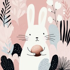A cute, cartoon-style rabbit holding an acorn, surrounded by colorful, whimsical foliage and flowers, creating a playful and cheerful atmosphere.