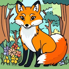 A cartoon-style illustration of a friendly fox sitting in a vibrant forest filled with flowers and trees, showcasing a cheerful and whimsical nature scene.