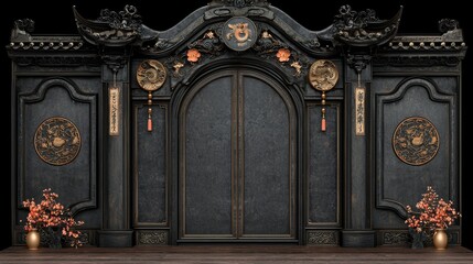 Obraz premium A black and gold decorated door with a red tassel hanging from it