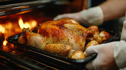 A chef is preparing turkey meat in a roasting oven