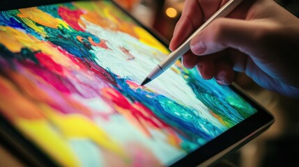 Close-up of hand using stylus on tablet to create colorful abstract painting.