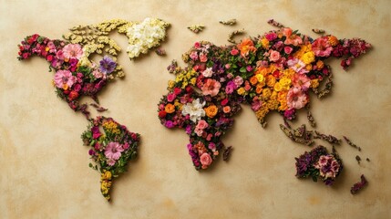 Floral world map created with colorful flowers.