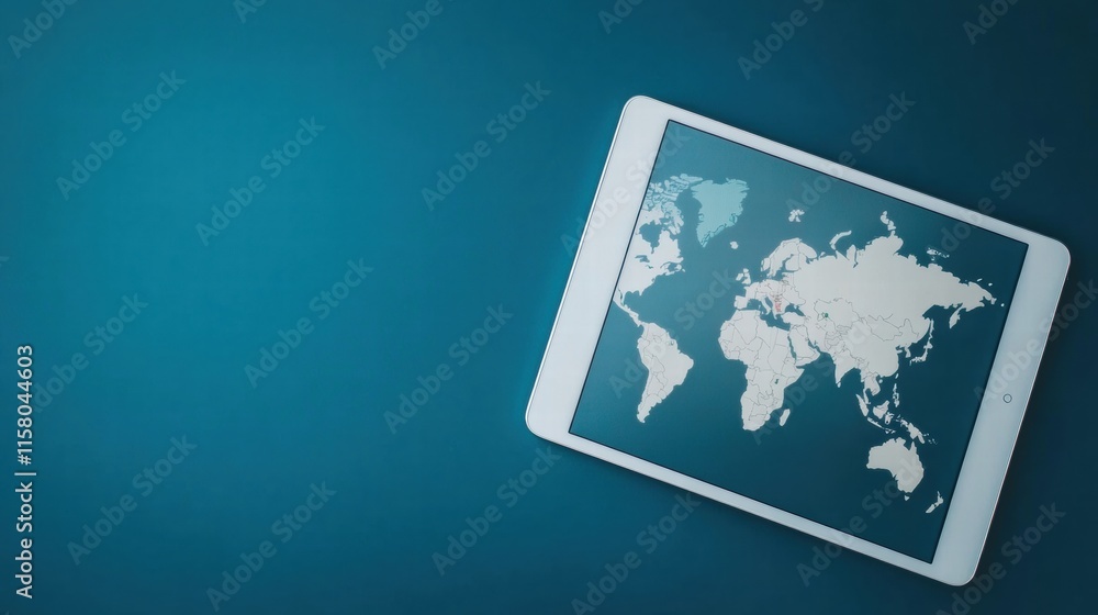 Poster modern flat lay design featuring a tablet with a world map on a solid blue background for creative m