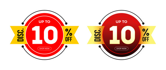 Discount Sticker of Special Offer discount up to 10% Off percent. Black and Red Gradient background isolated on white. Circle frame with ribbon. For Tag, Price, Discount Label. Vector Illustration