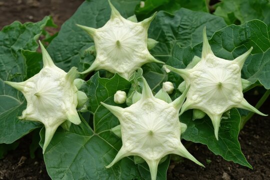 Datura innoxia a white flowered plant native to the Americas known as moonflower featuring green leaves in an outdoor setting Flower backdrop