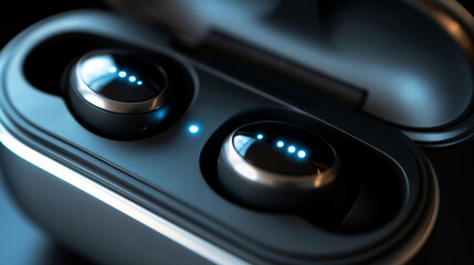 Naklejka premium Close-Up of Modern Wireless Earbuds in Charging Case