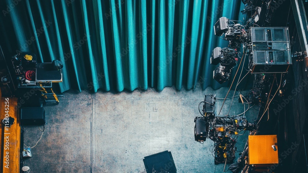 Poster a studio setup with cameras and curtains.