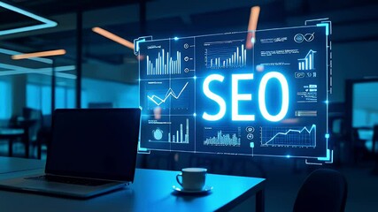 A workspace featuring a laptop and a holographic display focused on SEO analytics.