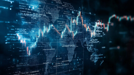 Fototapeta premium Global Market Downturn: A dramatic visualization of a global stock market crash, depicted as a downward trending graph overlaid on a world map.