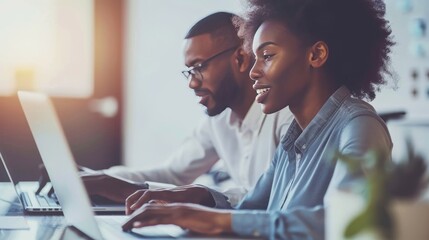 Two business people using a laptop together while sitting in a meeting. Happy business people looking at a slide presentation in an office.