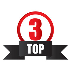 Top three badge. Red number 3. Bold vector design. Black ribbon element.