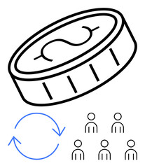 Coin with currency symbol directional arrows indicating recycling, group of six outlined figures. Ideal for finance, trade, community, investment, sustainability, teamwork, collaboration. Line