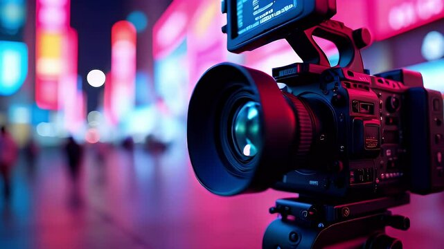 Close-up of a professional camera setup against a vibrant, illuminated background.