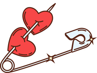 Cartoon groovy safety pin adorned with two red hearts, capturing the essence of Valentine day celebration, love and romantic relations. Isolated vector symbol of affection, bonding and loving couple