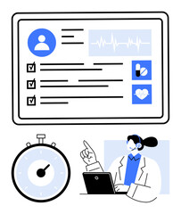 Health chart with checkboxes EKG, pills, and heart icons, stopwatch, and doctor with laptop communicating via headset. Ideal for telemedicine, health monitoring, patient care, digital health