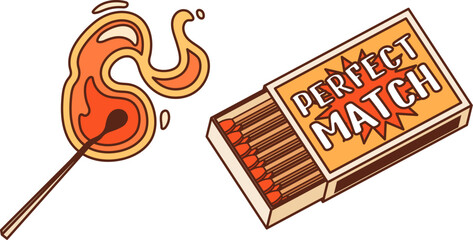 Cartoon groovy Valentine matchbox labeled Perfect Match with a burning matchstick, symbol of love and compatibility. Isolated vector hippie y2k romantic match with fire flame with funky vibe