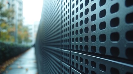 Close-up of a textured wall with perforated patterns and a blurred background of urban scenery.