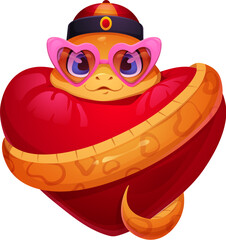 Valentine day cartoon snake character wrapped around red heart, wearing festive pink heart shaped glasses and traditional Chinese hat symbolizes love, celebration and festivity for Lunar New Year 2025