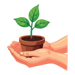 A flat vector illustration isolated on a white backdrop shows two hands holding a young green plant in a container, delivering the plant seeds to the small plant. 

