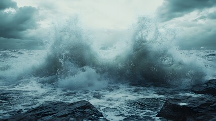 Naklejka premium Stormy Wave Crashing on Rocky Shore