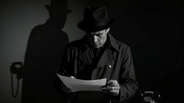A detective in a fedora examines a document, casting a shadow in a noir-style setting.