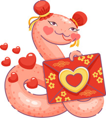 Cartoon valentines day Asian snake with love heart and letter. Vector cute pink reptile with blushing cheeks and festive hair accessories holds a decorated red envelope, surrounded by floating hearts