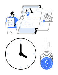 Hiker with backpack pointing at digital map featuring mountain and castle icons, accompanied by clock and falling coins. Ideal for travel planning, budgeting, time management, tourism, adventure
