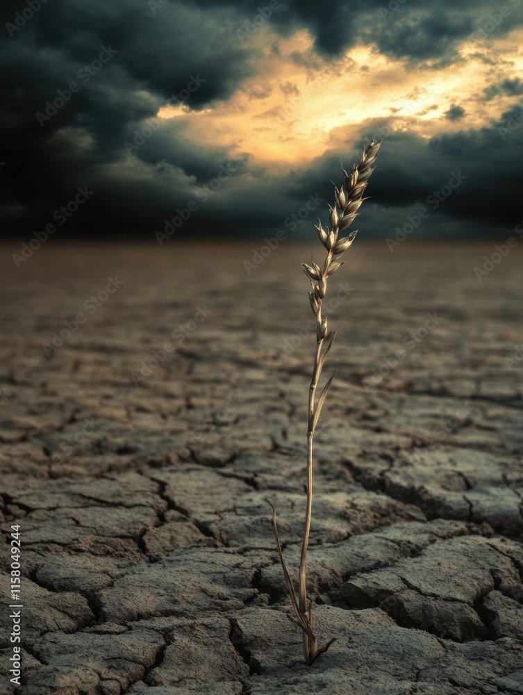 Poster barren field showcasing a single stalk of withered wheat under dramatic cloudy skies at sunset. gene